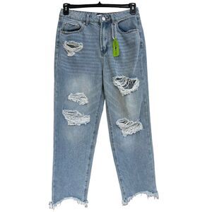 Forever 21 SZ 28 Cropped Jean Distressed Hi-Rise Zip-Fly Light Wash Frayed Hems